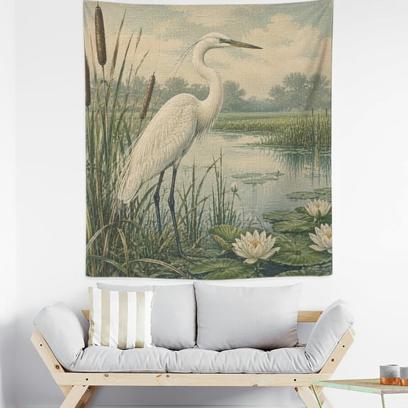 Patifu White Egret By Water Lilies Vintage Vertical Wall Hanging Tapestry for Bedroom Living Room Dorm 50*60in