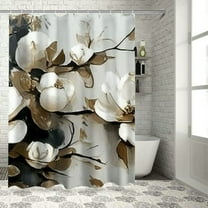Patifu White Flowers Gold Leaves Shower Curtain Set with Hooks, Premium 100% Polyester Fabric, Waterproof Bathroom Curtain, Easy Installation, Machine Washable 36"x72