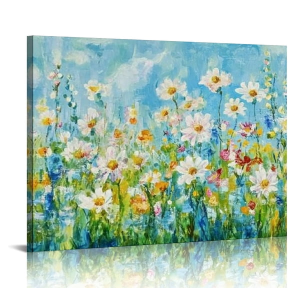 Patifu White Flowers Wall Art Living Room Decor Wildflowers Canvas Pictures Abstract Landscape Painting Green Grass Canvas Artwork for Bedroom Kitchen Home Office Wall Decor Ready To Hang 16x12in