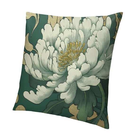 Patifu White and Green Flower Farmhouse Cushion Cover Chinoiserie Peony Floral Green Leaf Cushion Covers Asian Scenic Chic Chinoiserie Accent Pillow for Living Room  12x12in