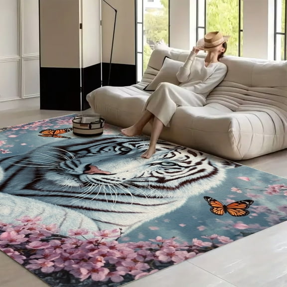 Patifu White Tiger Under Cherry Blossoms Living room carpet Washable Area Rug for Living Room, Non Slip Large Decor Carpet for Bedroom Dining Office