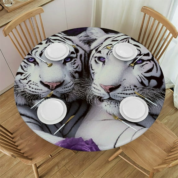 Patifu White Tigers Purple Roses Round Tablecloth Stain-Resistant Washable for Indoor Outdoor Restaurants Weddings Parties Home Decor 31"-35