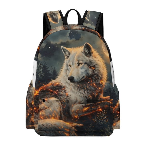 Patifu White Wolf with Flame Markings Under Full Moon Printed Oxford Backpack, Large Capacity Laptop Backpack, Water Resistant, Travel Daypack for College Work Commuting Adults,