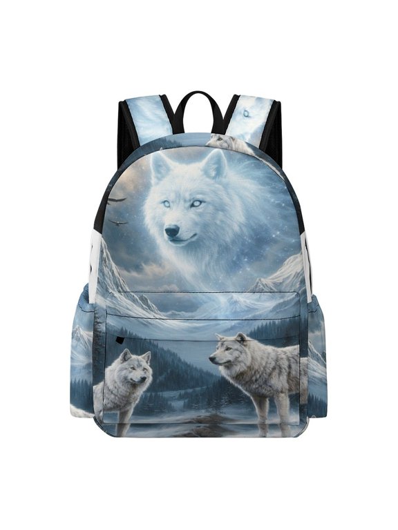White Wolf Under The Moon Printed Oxford Backpack, Large Capacity Laptop Backpack, Water Resistant, Travel Daypack for College Work Commuting Adults,