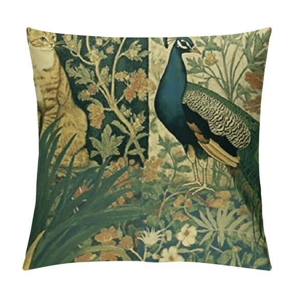 Patifu William Morris Green Forest Animals Peacocks Fox Hare Decorative Throw Pillow Cover Soft Velvet Throw Pillow Case Home 12x12in
