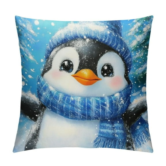 Patifu Winter Penguin Snow Blue Pillow Covers  Cute Penguins Christmas Pine Tree Throw Pillow Cover Winter Snowman Farmhouse Pillow Cases Xmas Holiday Decor for Home Couch Sofa 12x12in