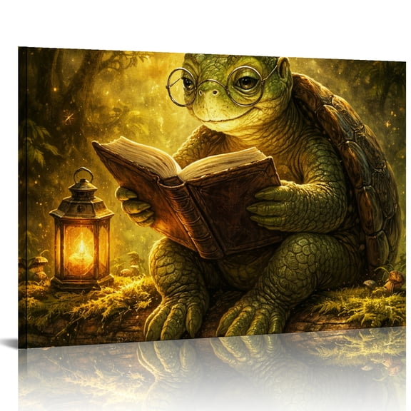 Patifu Wise Turtle Reading Book With Lantern Modern Canvas Prints Wall Art for Living Room Bedroom 24x16in