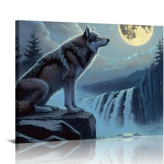 Patifu Wolf Canvas Wall Art - Wolf Howling At Stone At Night Pictures - Christian Wolf Painting Wall Decor-Wolves Posters Home for Living Room Bedroom Bathroom 20x16in