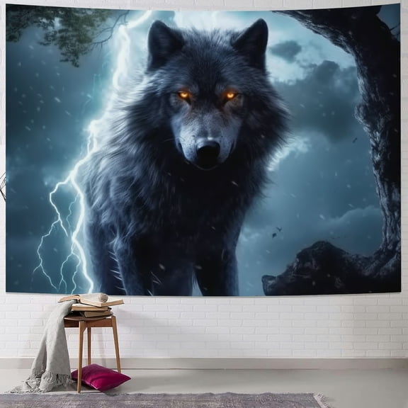 Patifu Wolf Lightning Tree Tapestry Wall Hanging Graphic Tapestries Home Wall Decor Art for Living Room Bedroom Dorm, Short Plush Material 40x30inch