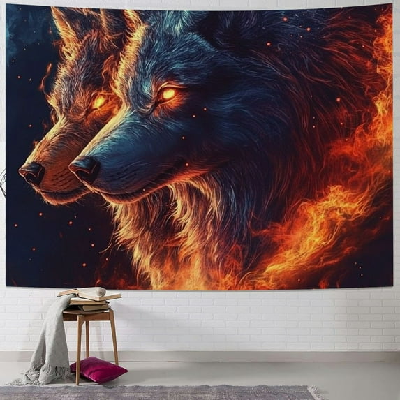 Patifu Wolfs Glowing Eyes Flames Tapestry Wall Hanging Unique Style Art for Home Decor, Gift for Living Room Bedroom Dorm, Holiday Decoration 50x40inch