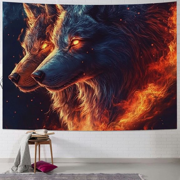 Patifu Wolfs Glowing Eyes Flames Tapestry Wall Hanging Unique Style Art for Home Decor, Gift for Living Room Bedroom Dorm, Holiday Decoration 60x50inch