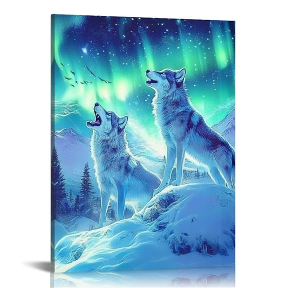 Patifu Wolves Aurora Lights Canvas Wall Decor for Living Room Bedroom Home Office, High Resolution Art Print, Handmade Quality Framed Artwork 16x20 in