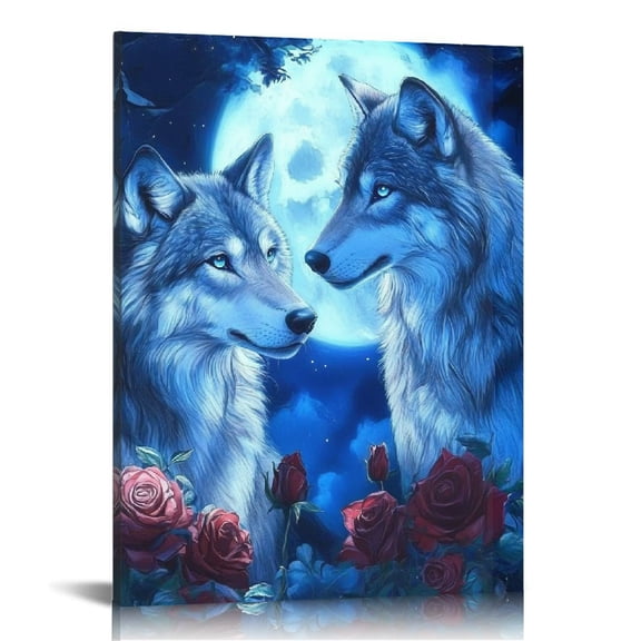 Patifu Wolves Moonlight Roses Canvas Wall Art for Living Room Bedroom Home Office Decor 12x16 in