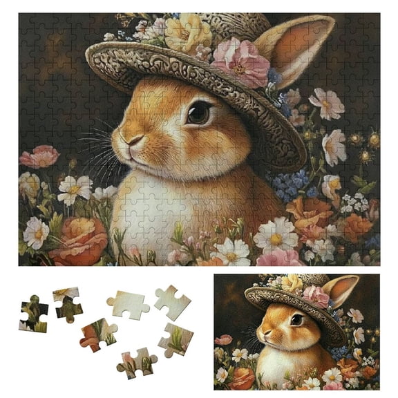 Patifu Wooden Jigsaw Puzzle Rabbit Flowers Theme Relaxing Gift for Family Friends 300 PCS