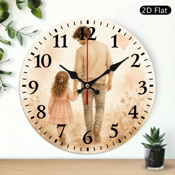 Patifu Wooden Wall Clock Father Daughter Walk Floral Watercolor Silent Mechanical Movement 10x10in