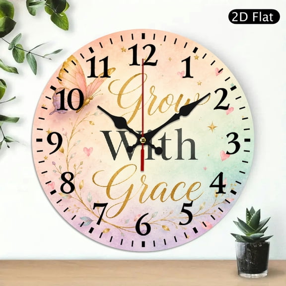 Patifu Wooden Wall Clock Grow With Grace Butterfly Rainbow Print Silent Battery Operated 10x10in