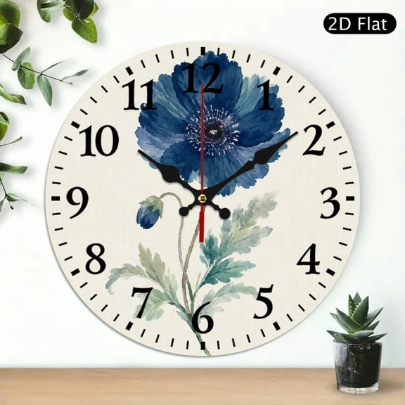 Patifu Wooden Wall Clock Navy Poppy Print Silent Sweep Movement 5mm Thick Wood Decor 10x10in