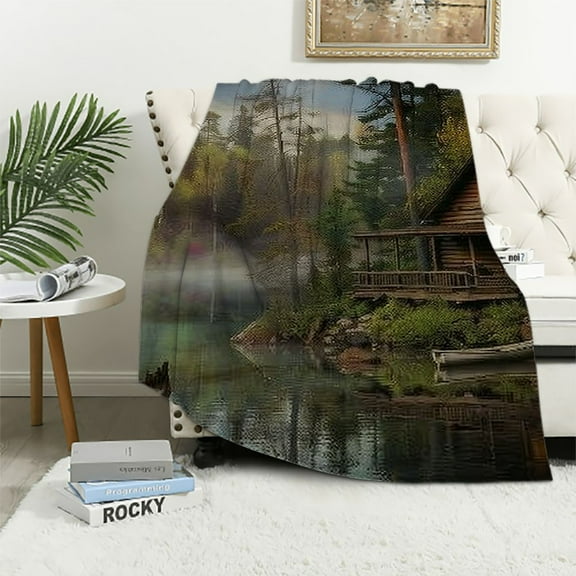 Patifu Woods Lake Cabin Warm Lightweight Blanket Soft Fleece Blankets All Seasons Sofa Decor Cow Gifts 40x50in