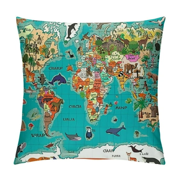 Patifu World Map Graphic Decorative Throw Pillow Cover for Home Couch Living Room Bed Sofa - Short Plush Home Furnishing 12x12in