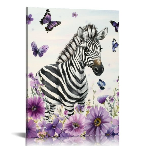 Patifu Zebra Flower Field Butterflies Canvas Art Print Wall Decor for Living Room Bedroom Office 16x20 in