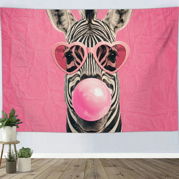 Patifu Zebra With Heart Sunglasses And Bubble Gum Polyester Fabric Wall Hanging Tapestry For Bedroom Living Room Dorm 90*60in