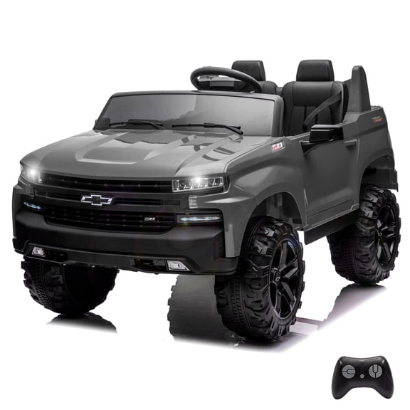 Patikuin 2-Seater Ride on Truck Car Kids Electric Vehicle Chevrolet Silverado 24v Battery Powered with Remote Control, LED Lights, MP3, Bluetooth, 2 Doors Open, Gray