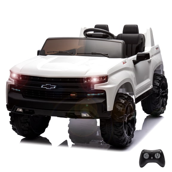 Patikuin 2-Seater Ride on Truck Car Kids Electric Vehicle Chevrolet Silverado 24v Battery Powered with Remote Control, LED Lights, MP3, Bluetooth, 2 Doors Open, White