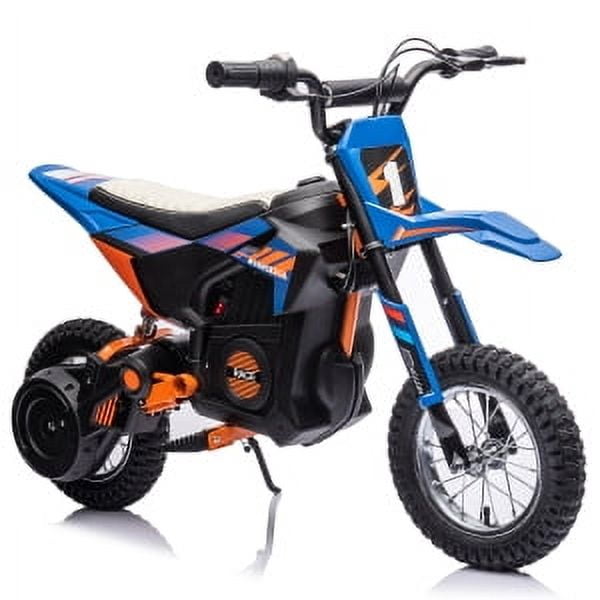 Patikuin 24V Kids Electric Motorcycle, Off-Road Motocross Bike with 250W Powerful Motor, Speeds Up to 13.6 MPH, Chain Driven, Leather Seat, Disc Brake, and Air-Filled Tires - BLUE