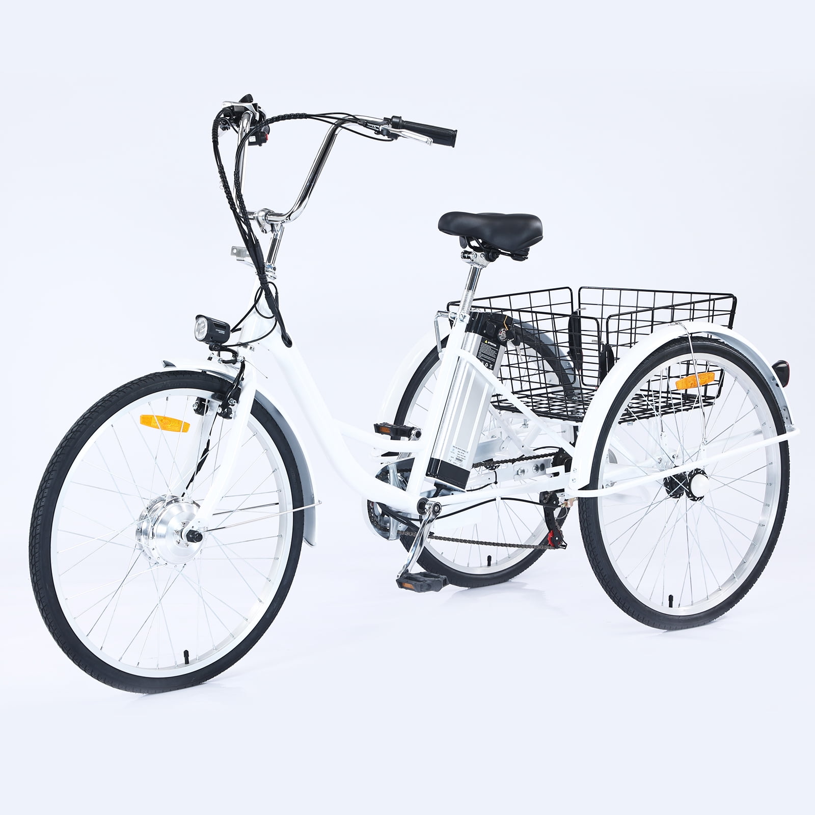 Patikuin 250W 26" Adult Electric Tricycle Fat Tire Motorized Bicycle, 7 Speed Tricycle for Adults, 36V 10Ah Battery White