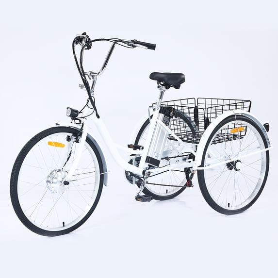 Patikuin 250W 26" Adult Electric Tricycle Fat Tire Motorized Bicycle, 7 Speed Tricycle for Adults, 36V 10Ah Battery White