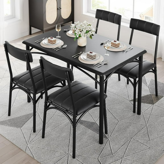 Patikuin Dining Table Set for 4, Kitchen Table and Chairs for 4, Dining Room Table Set with 4 Upholstered Chairs, 5 Piece Rectangular Kitchen Set for Small Space, Apartment, Studio, Rustic Black
