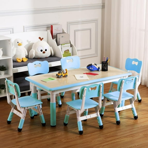 Patikuin Kids Table and Chairs Set, Height Adjustable Desk with 6 Seats for Ages 2-10, Arts & Crafts Table with Non-Slip Legs for Playing, Drawing, Eating, Studying, Max 300lbs (Blue)