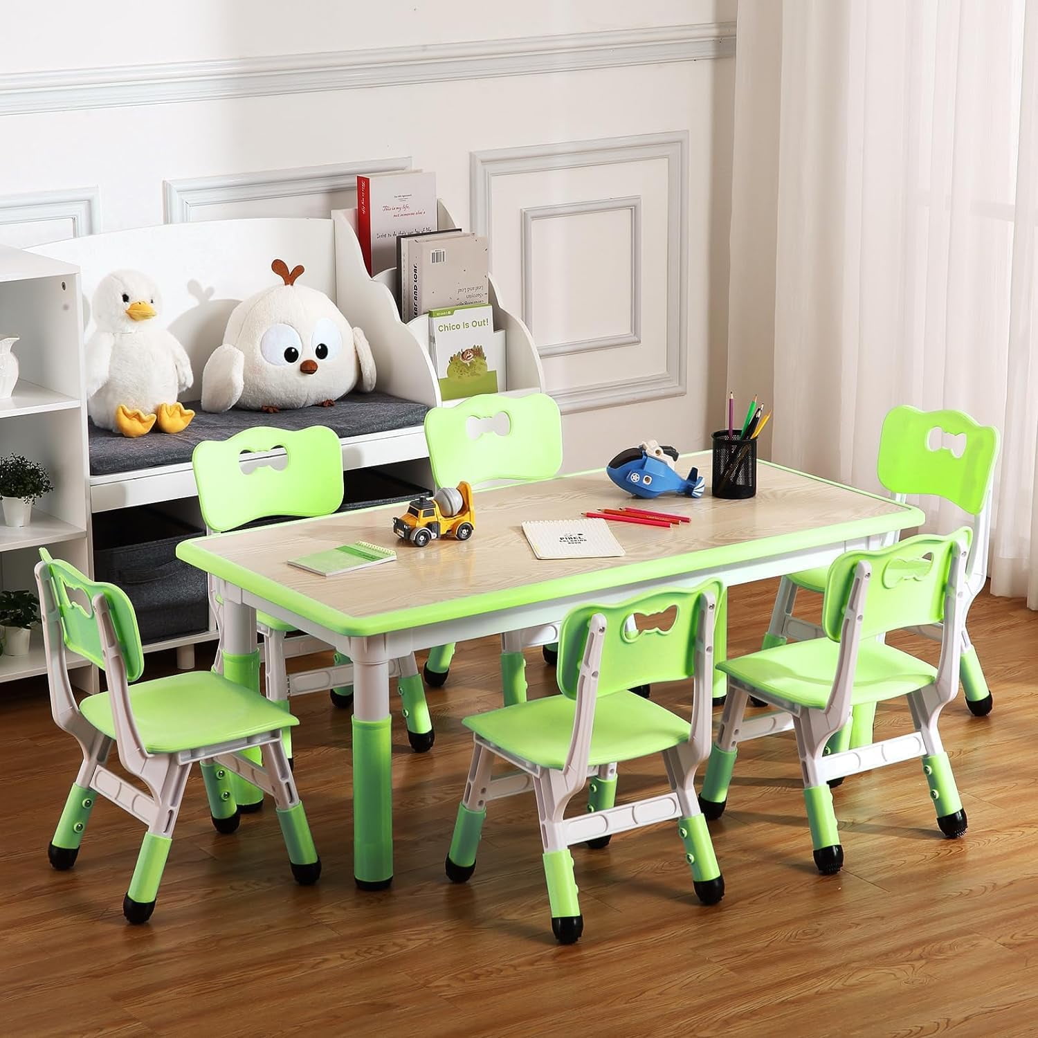 Patikuin Kids Table and Chairs Set, Height Adjustable Desk with 6 Seats for Ages 2-10, Arts & Crafts Table with Non-Slip Legs for Playing, Drawing, Eating, Studying, Max 300lbs (Green)