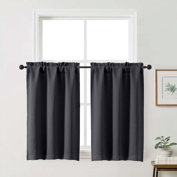 Patin Black Blackout Curtains 36 Inch Length 2 Pcs, Thermal Insulated Short Half Kitchen Curtains over Sink, Rod Pockets Window Farmhouse Drapes for Cafe Bathroom, Each Panel 30" W x 36" L