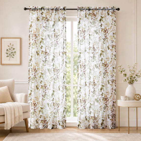 Patin Crushed Sheer Curtains 2 Panels 42 x 84 Inches Long, Botanical Floral Print Light Filtering Window Curtains, Dual Rod Pocket Farmhouse Drapes, Brown