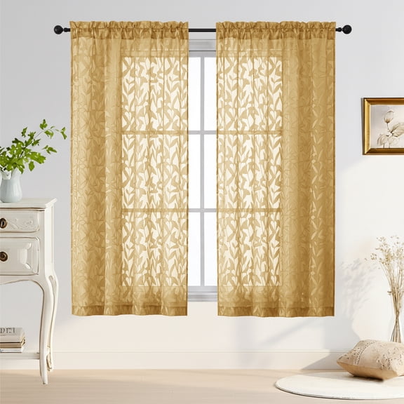 Patin Dark Gold Sheer Curtains 2 Panels 42 x 63 Inch, Light Filtering Voile Jacquard Leaves Farmhouse Curtains for Living Room Bedroom, Dual Rod Pocket Rustic Drapes
