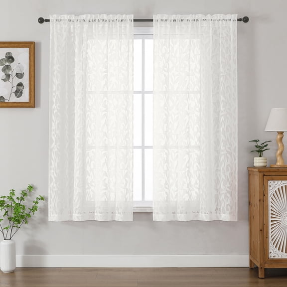 Patin Ivory Sheer Curtains 2 Panels 42 x 63 Inch, Airy Voile Jacquard Leaf Textured Bedroom Curtains, Light Filtering Rod Pocket Drapes for Living Room
