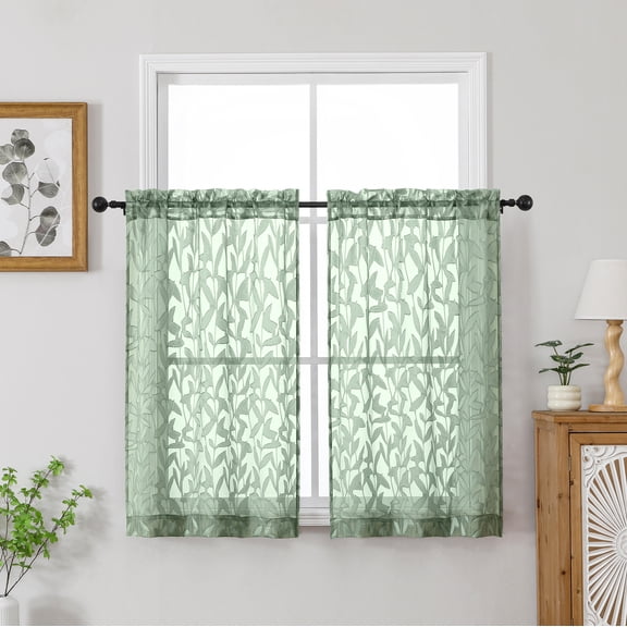 Patin Sage Green Sheer Curtains 2 Panels 28 x 45 Inch, Rod Pocket Jacquard Leaves Voile Living Room Curtains for Bedroom, Light Filtering Elegant Home Decor Drapes