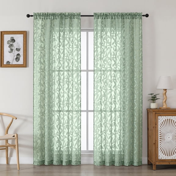Patin Sage Green Sheer Curtains 2 Panels 52 x 84 Inch, Rod Pocket Jacquard Leaves Light Filtering Bedroom Curtains for Living Room Dining Room, Voile Balcony Drapes
