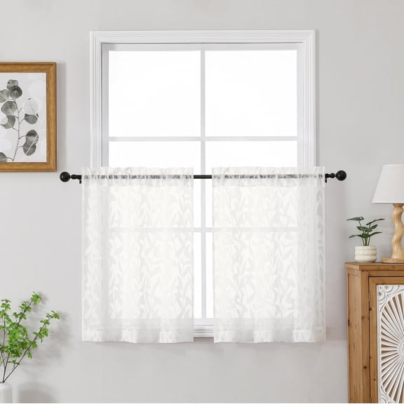 Patin Ivory Kitchen Window Curtains 2 Panels 28 x 30 Inch, Rod Pocket Jacquard Leaves Light Filtering Sheer Curtains , Bathroom Cafe Half Window Drapes