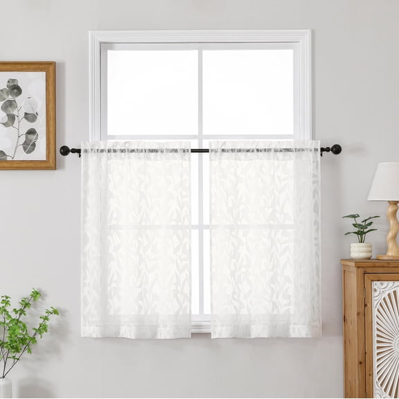 Patin Ivory Kitchen Window Curtains over Sink 2 Panels 28 x 36 Inch, Jacquard Leaf Textured Short Sheer Curtains Dual Rod Pocket, Bathroom Cafe Basement Dorm Drapes