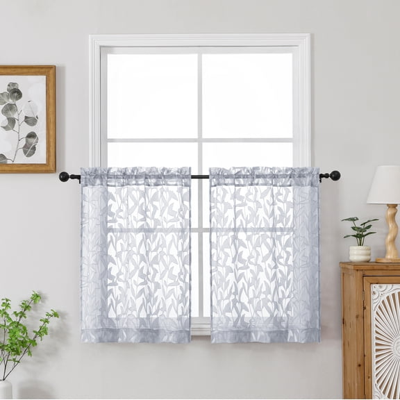 Patin Light Grey Kitchen Window Curtains 2 Panels 28 x 30 Inch, Jacquard Leaf Textured Light Filtering Cafe Sheer Curtains, Rod Pocket Rustic Bathroom Drapes