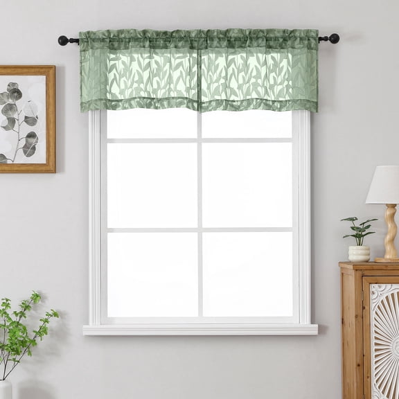 Patin Sage Green Valances for Windows 2 Panels 28 x 14 Inch, Rod Pocket Transparent Jacquard Leaves Voile Light Filtering Short Sheer Curtains, Kitchen Curtains for Cafe Cabinet
