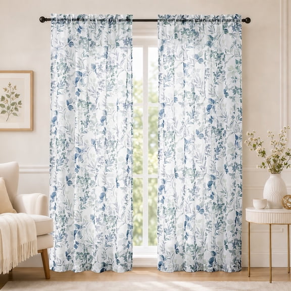 Patin Botanical Floral Crushed Sheer Curtains 2 Panels 42 x 72 Inch Length, Light Filtering Living Room Window Curtains, Rod Pocket Window Treatments Curtain