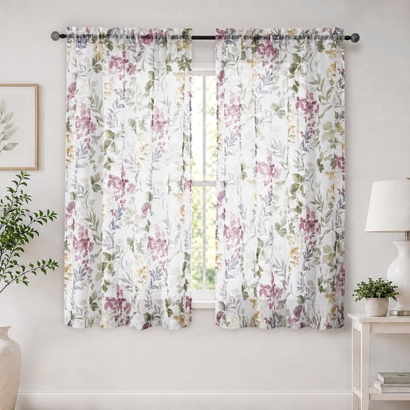 Patin Purple Crushed Sheer Curtains 2 Panels 42 x 63 Inch Length, Airy Botanical Floral Light Filtering Window Curtains, Dual Rod Pocket Voile Romantic Drapes