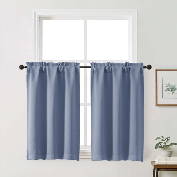 Patin Denim Blue Kitchen Curtains 36 Inch Length 2 Pcs, Farmhouse Rod Pockets Room Darkening Thermal Curtains, Insulated Soft Winodw Treatments Drapes for Cafe Bathroom, Each Panel 30" W x 36" L
