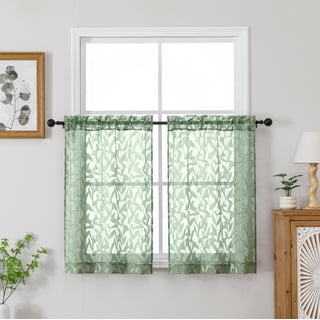 Patin Sage Green Kitchen Curtains 2 Panels 28 x 36 Inch, Dual Rod Pocket Jacquard Leaf Textured Half Short Sheer Curtains, Light Filtering Soft Farmhouse Bathroom Cafe Drapes for Small Windows