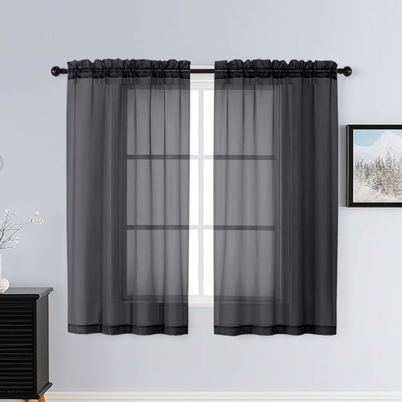 Patin Black Sheer Curtains for Living Room 54 Inch Length 2 Pcs, Window Curtains Voile Breathable Solid Color, Rod Pockets Bedroom Curtain Drapes for Bathroom Dining Room, Each Panel 42" W x 54" L