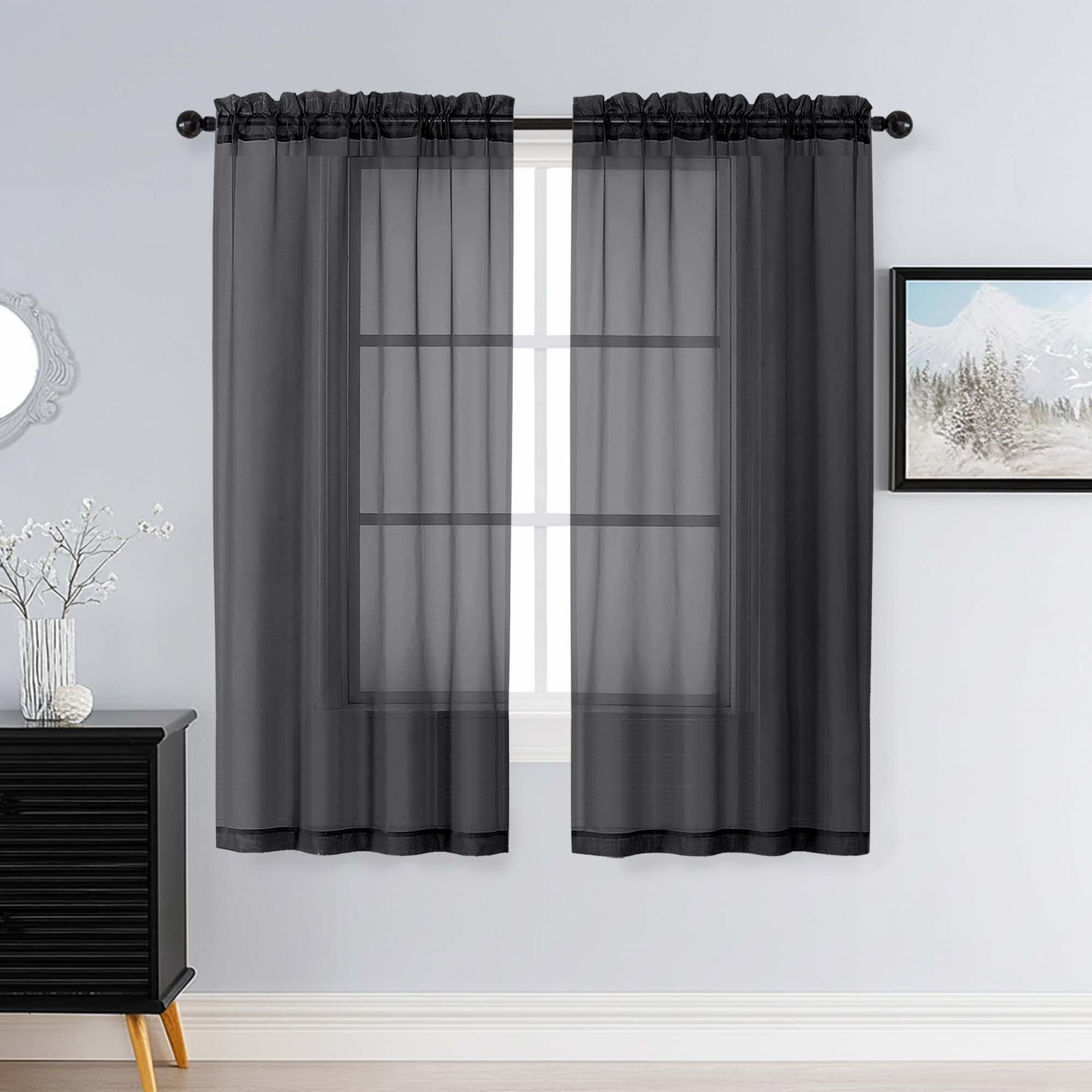 Patin Black Sheer Curtains 63 Inch Length 2 Pcs, Solid Color Light Filtering Voile Airy Modern Drapes, Rod Pockets Home Window Curtains for Living Room Bedroom Bathroom, Each Panel 42" W x 63" L