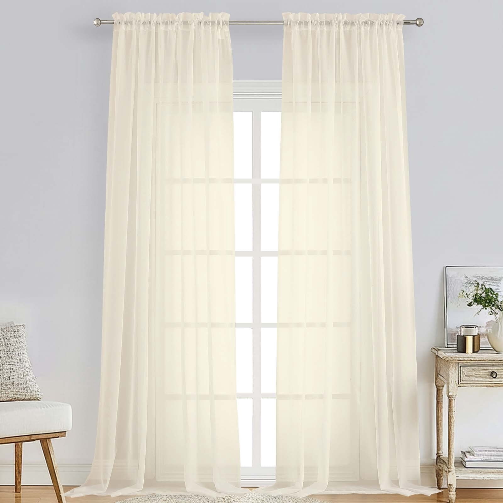 Patin Cream Sheer Curtains for Living Room 108 Inches Long 2 Pcs, Solid Color Voile Lightweight Bedroom Curtains for Dining Room, Rod Pockets Home Decor Farmhouse Drapes, Each Panel 59" W x 108" L